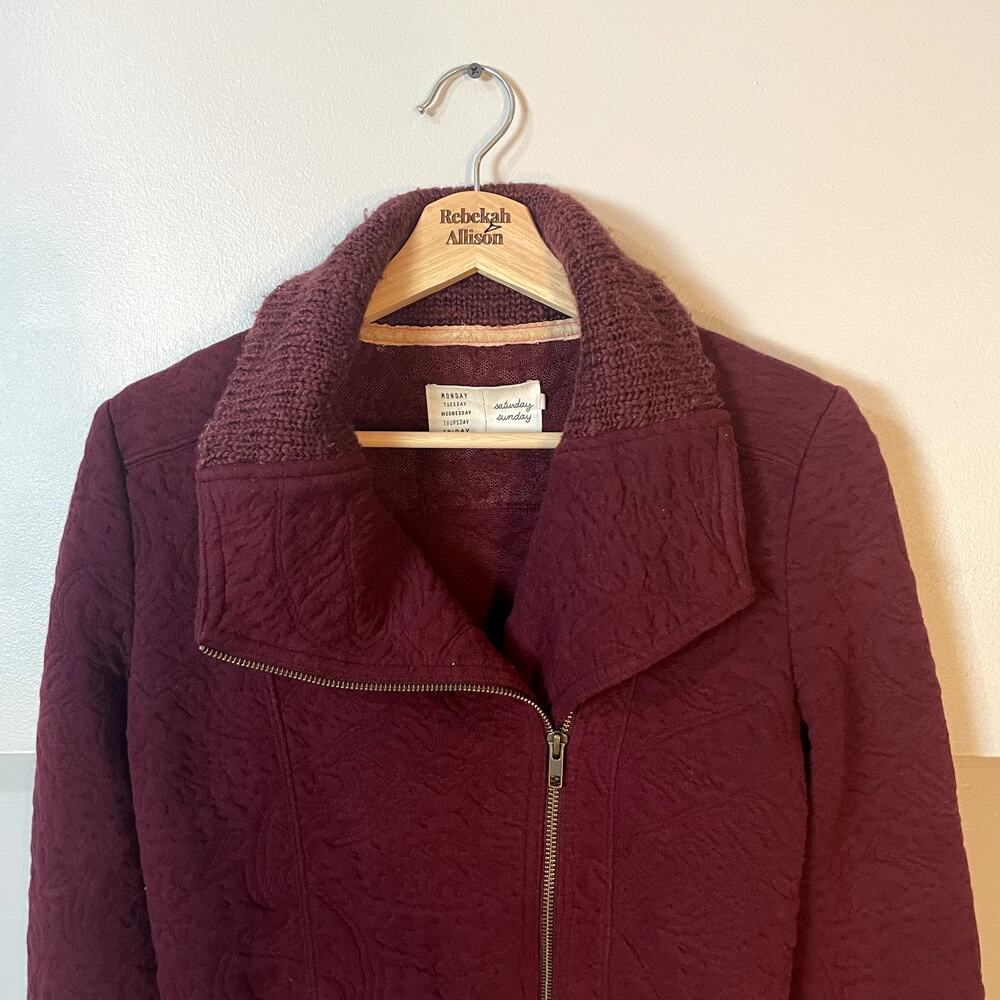 Anthropologie Saturday Sunday Loren Moto Zip Jacket Blazer Sweater In Burgundy S - Picture 4 of 14